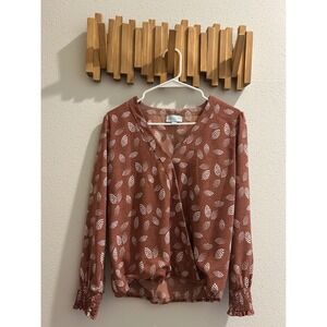 Veronica M Womens Brown White Leaf Print Faux Wrap Long Sleeve Blouse Top‎ S